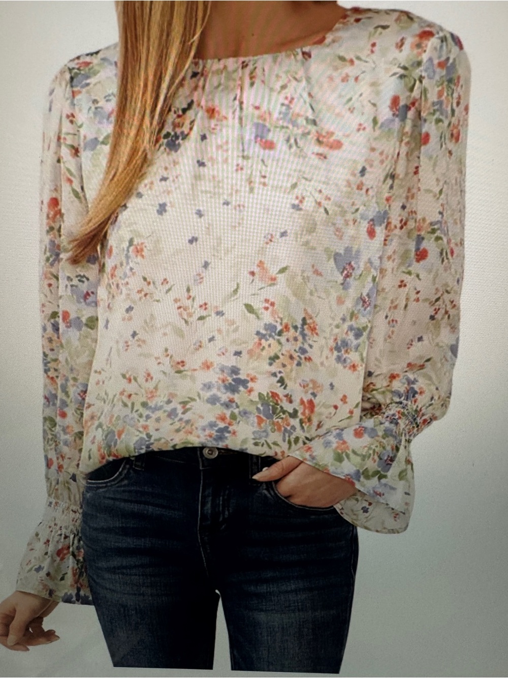 CeCe White Floral Pintuck Long-Sleeve Blouse